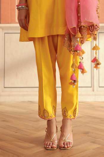 Buy_Dohr India_Yellow Silk, Chanderi, Organza V-neck Zora Kurta Set 