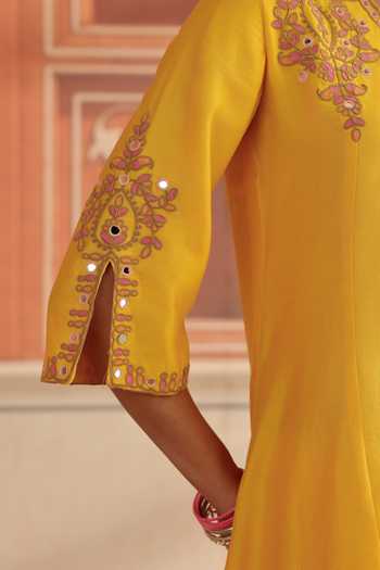 Shop_Dohr India_Yellow Silk, Chanderi, Organza V-neck Zora Kurta Set 