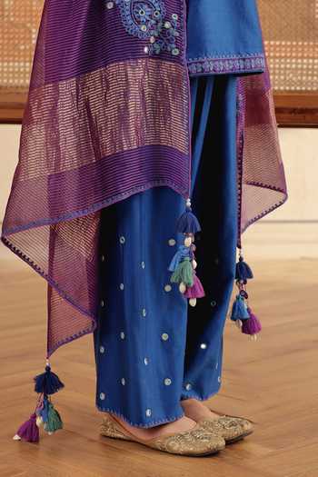 Shop_Dohr India_Blue Silk, Chanderi, Cotton Split V-neck Rasa Kurta Set _Online_at_Aza_Fashions