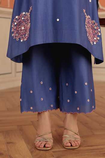 Dohr India_Blue Silk, Cotton, Chanderi V-neck Avin Kurta Set _Online_at_Aza_Fashions