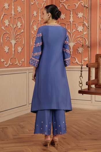 Buy_Dohr India_Blue Silk, Cotton, Chanderi V-neck Avin Kurta Set _Online_at_Aza_Fashions