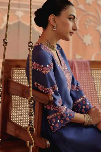 Shop_Dohr India_Blue Silk, Cotton, Chanderi V-neck Avin Kurta Set _Online_at_Aza_Fashions