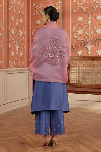 Shop_Dohr India_Blue Silk, Cotton, Chanderi V-neck Avin Kurta Set _at_Aza_Fashions