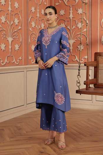 Buy_Dohr India_Blue Silk, Cotton, Chanderi V-neck Avin Kurta Set _at_Aza_Fashions