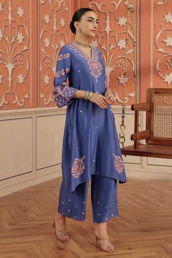 Buy_Dohr India_Blue Silk, Cotton, Chanderi V-neck Avin Kurta Set 