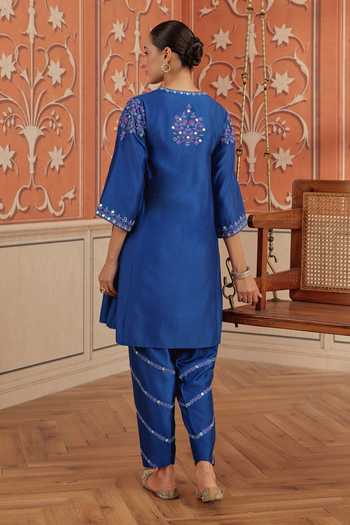 Shop_Dohr India_Blue Silk, Cotton, Chanderi Split V-neck, Yes Mirae Kurta Set _at_Aza_Fashions