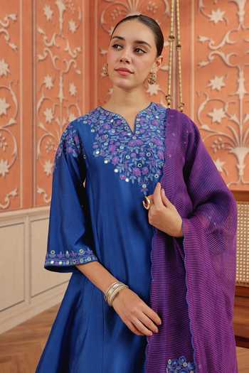 Buy_Dohr India_Blue Silk, Cotton, Chanderi Split V-neck, Yes Mirae Kurta Set 