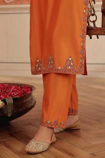 Dohr India_Orange Silk, Cotton, Chanderi, Organza V-neck, Yes Veya Kurta Set _Online_at_Aza_Fashions