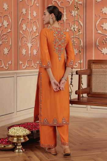Shop_Dohr India_Orange Silk, Cotton, Chanderi, Organza V-neck, Yes Veya Kurta Set _at_Aza_Fashions