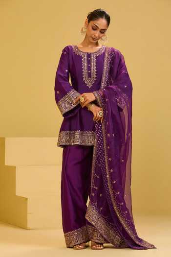 Buy_Esha Koul_Purple Organza, Chanderi, Crepe Round Neck Peplum Kurta Set _Online_at_Aza_Fashions