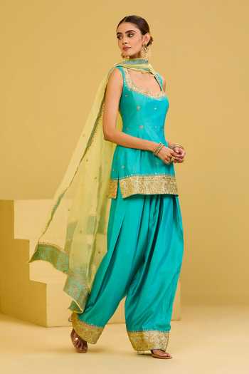 Buy_Esha Koul_Sky Blue Organza, Chanderi, Crepe Square Neck Kurta Salwar Set _Online_at_Aza_Fashions