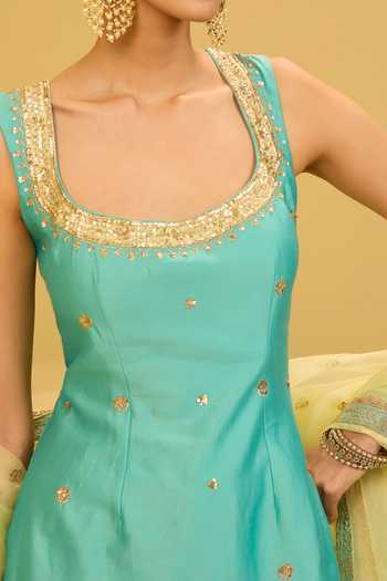 Shop_Esha Koul_Sky Blue Organza, Chanderi, Crepe Square Neck Kurta Salwar Set _Online_at_Aza_Fashions