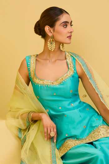 Esha Koul_Sky Blue Organza, Chanderi, Crepe Square Neck Kurta Salwar Set _at_Aza_Fashions