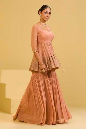 Esha Koul_Peach Organza, Georgette, Crepe Scoop Neck, Yes Peplum Kurta Set _Online_at_Aza_Fashions