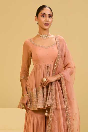 Shop_Esha Koul_Peach Organza, Georgette, Crepe Scoop Neck, Yes Peplum Kurta Set _Online_at_Aza_Fashions