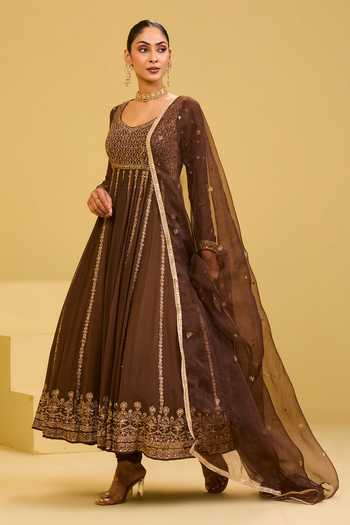 Esha Koul_Brown Organza, Georgette, Crepe Scoop Neck Embroidered Anarkali Set _at_Aza_Fashions
