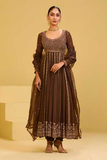 Buy_Esha Koul_Brown Organza, Georgette, Crepe Scoop Neck Embroidered Anarkali Set 