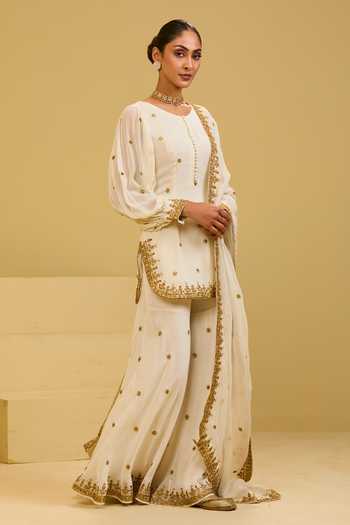 Esha Koul_Off White Organza, Georgette, Crepe Round Neck Hand-embellished Sharara Set _Online_at_Aza_Fashions