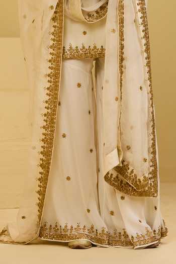 Esha Koul_Off White Organza, Georgette, Crepe Round Neck Hand-embellished Sharara Set _at_Aza_Fashions