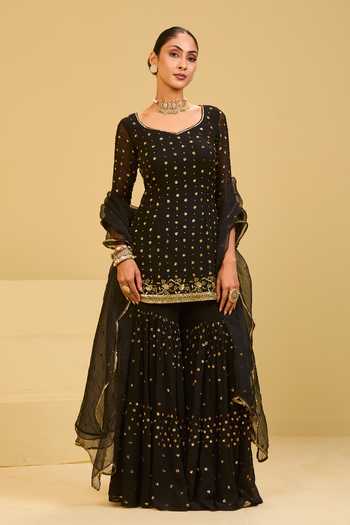 Esha Koul_Black Organza, Georgette Scoop Neck, Yes Kurta Sharara Set _Online_at_Aza_Fashions
