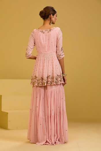 Shop_Esha Koul_Pink Georgette V-neck, Yes Baby Kurta And Sharara Set _at_Aza_Fashions