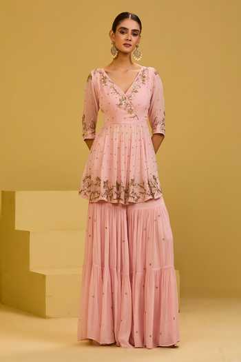 Buy_Esha Koul_Pink Georgette V-neck, Yes Baby Kurta And Sharara Set _Online_at_Aza_Fashions