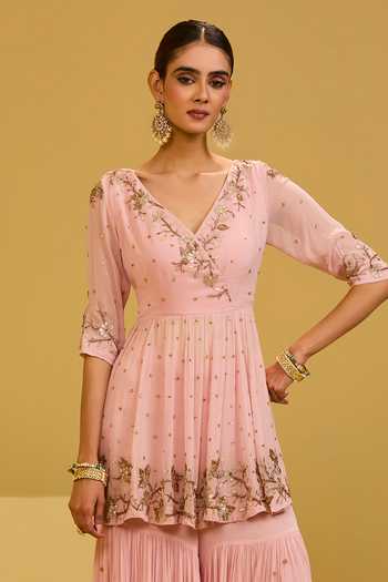 Buy_Esha Koul_Pink Georgette V-neck, Yes Baby Kurta And Sharara Set 