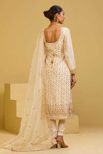 Shop_Esha Koul_Cream Organza, Chanderi, Lycra V-neck, Yes Embroidered Kurta Churidar Set _at_Aza_Fashions