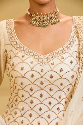 Buy_Esha Koul_Cream Organza, Chanderi, Lycra V-neck, Yes Embroidered Kurta Churidar Set _Online_at_Aza_Fashions