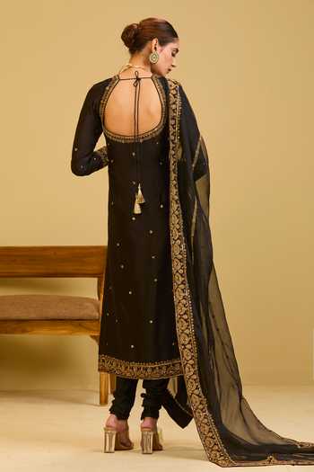 Shop_Esha Koul_Black Organza, Chanderi, Crepe, Lycra Square Embroidered Kurta Churidar Set _at_Aza_Fashions