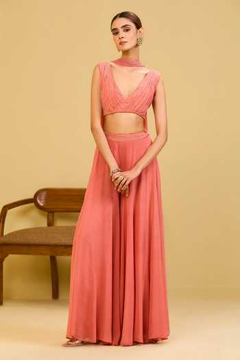 Shop_Esha Koul_Coral Georgette, Net V-neck Pink Palazzo And Blouse Set _Online_at_Aza_Fashions