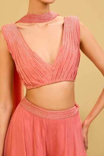 Shop_Esha Koul_Coral Georgette, Net V-neck Pink Palazzo And Blouse Set 