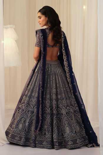 Shop_K&A By Karishma And Ashita_Blue Silk Sweetheart Neck Hand Embellished Raw Lehenga Set _at_Aza_Fashions