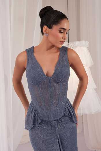 K&A By Karishma And Ashita_Blue Net Beads V-neck Hand Embellished Corset And Skirt Set _Online_at_Aza_Fashions