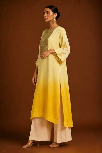 Afriya_Yellow Satin, Organza, Chanderi Silk Round Yoke Embroidered Kaftan And Pant Set _Online_at_Aza_Fashions