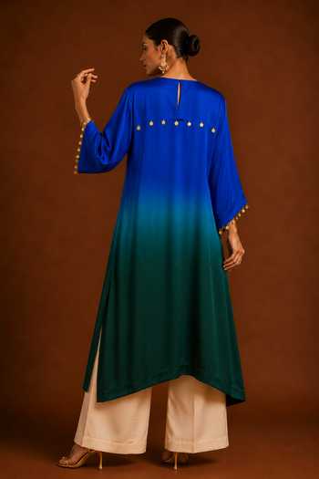 Shop_Afriya_Blue Organza, Satin, Chanderi Silk Round Neck Ombre Kaftan And Pant Set _at_Aza_Fashions