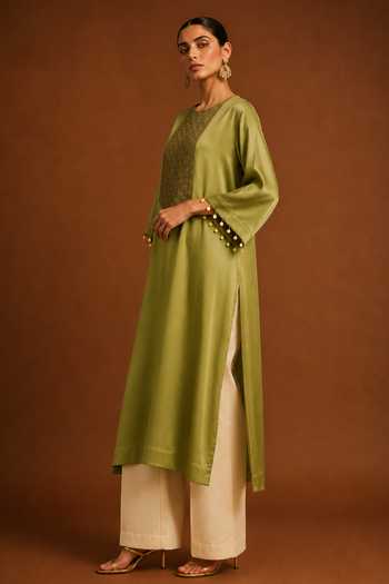 Buy_Afriya_Olive Green Organza, Satin, Chanderi Placement Embroidered Kaftan And Pant Set _Online_at_Aza_Fashions