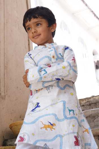 Shop_Funny Bones Clothings_White Linen Griffin Printed Kurta Set _at_Aza_Fashions