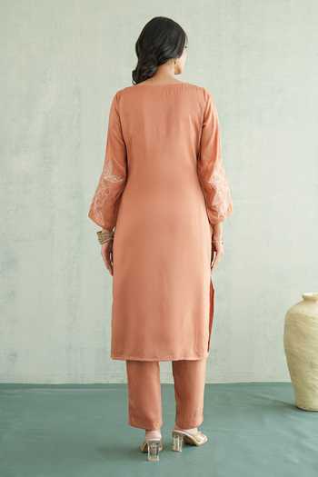 Shop_Masoomm_Orange Shantoon Boat Neck, Yes Floral Thread Embroidered Kurta And Pant Set _at_Aza_Fashions