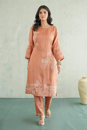 Shop_Masoomm_Orange Shantoon Boat Neck, Yes Floral Thread Embroidered Kurta And Pant Set _Online_at_Aza_Fashions