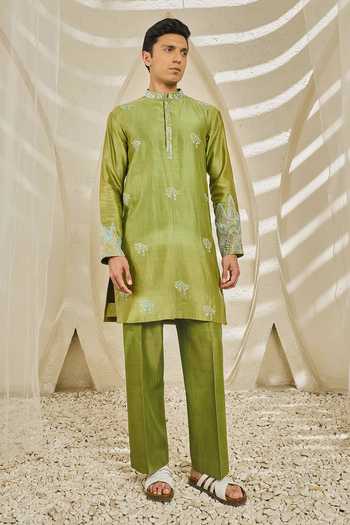 Sarab Khanijou_Green Chanderi Silk Alpine Nehru Jacket And Kurta Set _at_Aza_Fashions