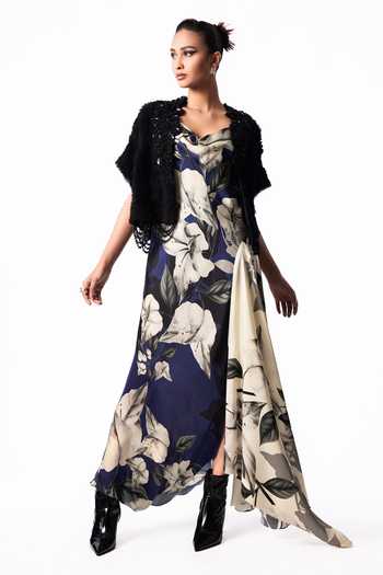 Buy_Nupur Kanoi_Multicolor Crepe, Chiffon, Satin Cowl Neck Fur Gilet With Printed Dress _at_Aza_Fashions