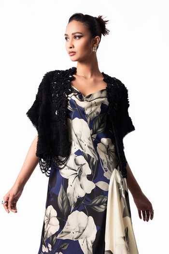 Nupur Kanoi_Multicolor Crepe, Chiffon, Satin Cowl Neck Fur Gilet With Printed Dress _Online_at_Aza_Fashions