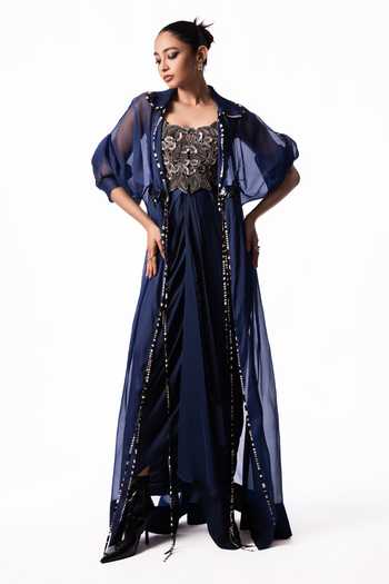Buy_Nupur Kanoi_Blue Organza, Crepe, Satin, Lycra Collared Long Jacket With Draped Bustier Dress _at_Aza_Fashions