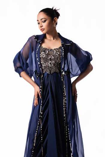 Nupur Kanoi_Blue Organza, Crepe, Satin, Lycra Collared Long Jacket With Draped Bustier Dress _Online_at_Aza_Fashions