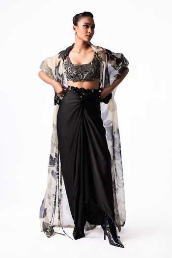 Buy_Nupur Kanoi_Off White Organza, Crepe, Lycra, Satin Printed Long Jacket With Knot Skirt Set _at_Aza_Fashions