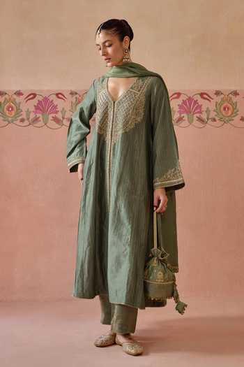 Kritika Dawar_Green Silk, Chanderi, Tissue V-neck Mehrunisa Embroidered Angarkha Set _Online