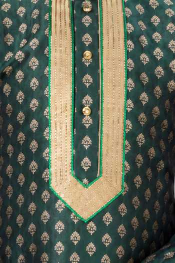 Petite Pomme_Green Silk Boys Jaquard Kurta And Art Pant Set _Online_at_Aza_Fashions