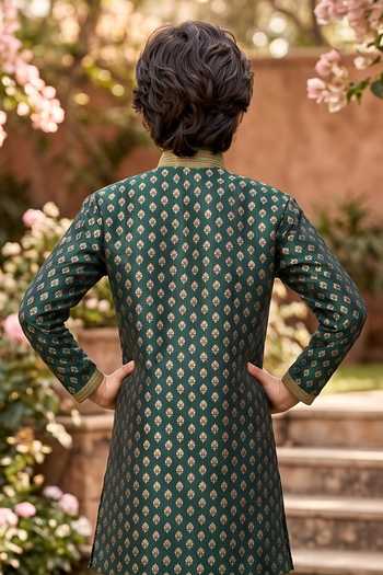 Shop_Petite Pomme_Green Silk Boys Jaquard Kurta And Art Pant Set _at_Aza_Fashions