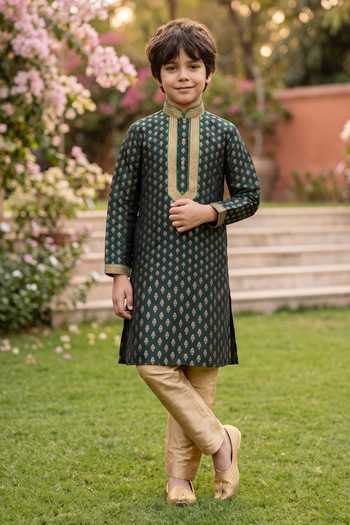 Buy_Petite Pomme_Green Silk Boys Jaquard Kurta And Art Pant Set _at_Aza_Fashions